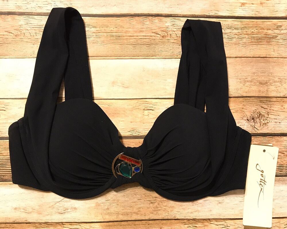 Gottex Women’s Size 12 Black Molded Underwire Bikini Top With Gemstone Middle